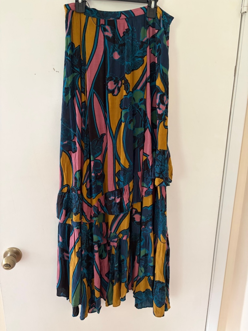 Free People Multi-Color Floral Tiered Maxi Skirt - Navy, Mustard & Pink